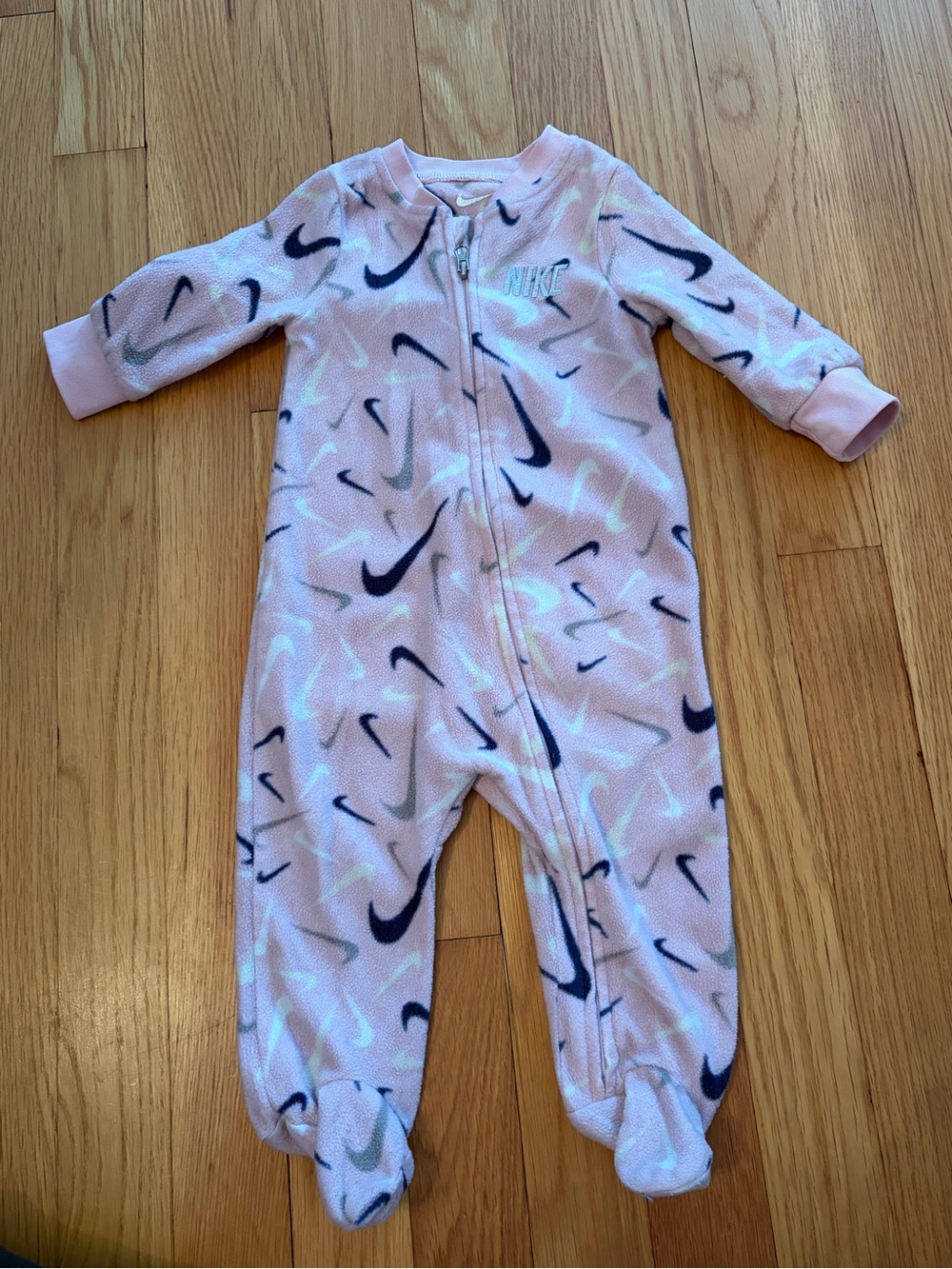 Nike | Baby Girls Fleece Footed Sleeper Romper Pink Swoosh Print | Size 6M
